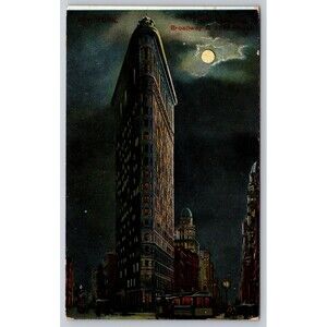 Postcard New York Flatiron Building Broadway & 23rd Street Full Moon c1910s NY